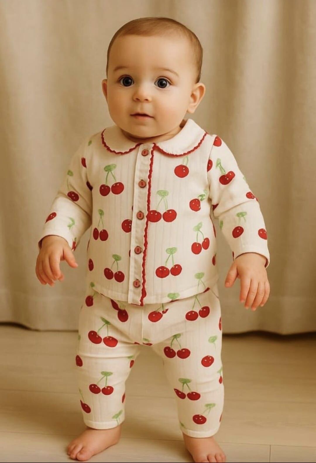 Kirazlı Bebe Yaka Fitilli Organik Pamuk Kumaş Takım