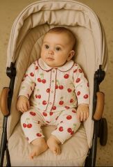 Kirazlı Bebe Yaka Fitilli Organik Pamuk Kumaş Takım