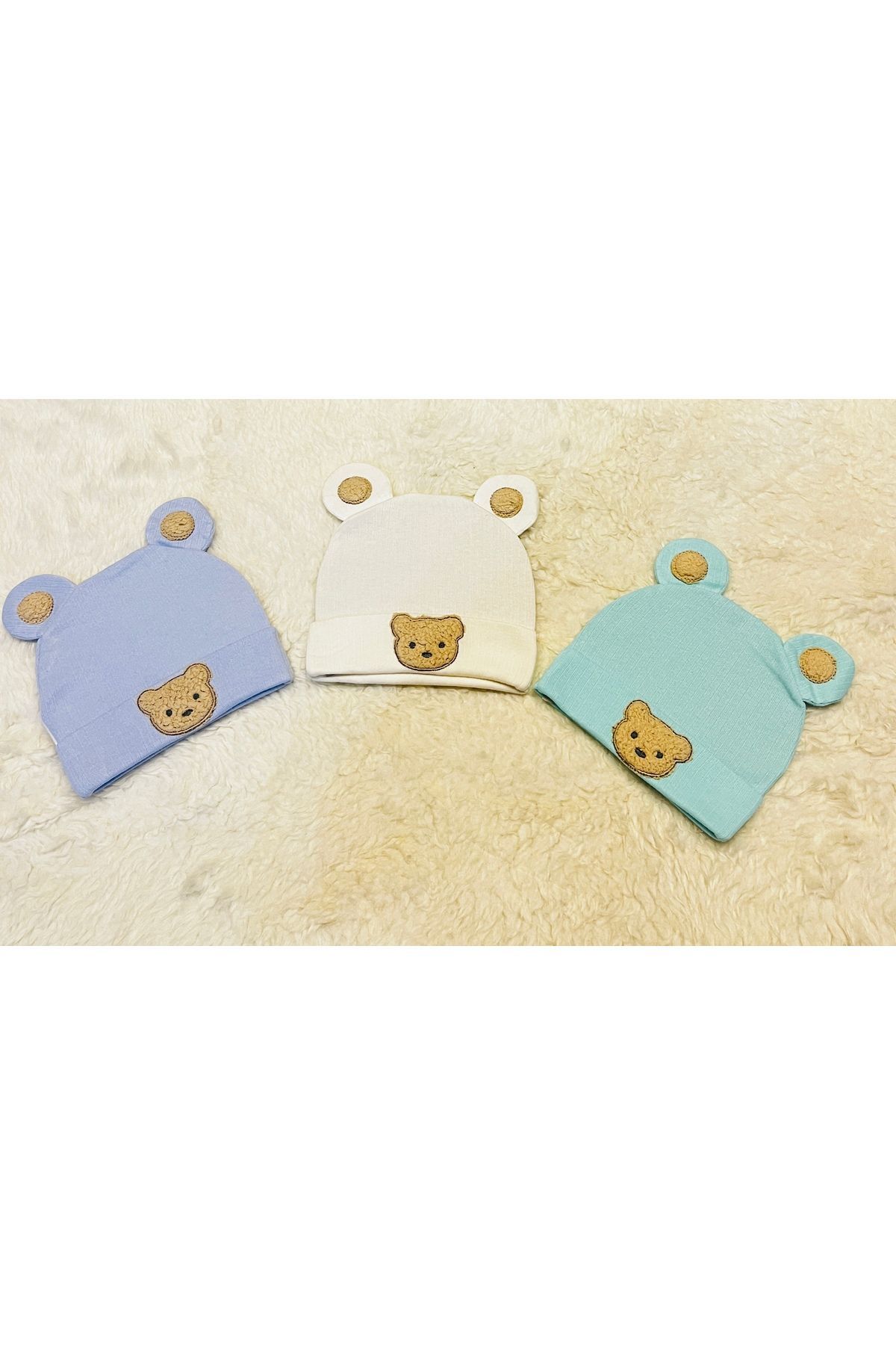 3’lü Fitilli Ayıcıklı Kız Erkek Bebek Çocuk Penye Şapka Bere