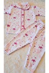 2’li Fitilli Kumaş Pudra Ayıcık Desenli Kız Bebek Çocuk Alt Üst Pijama Takımı