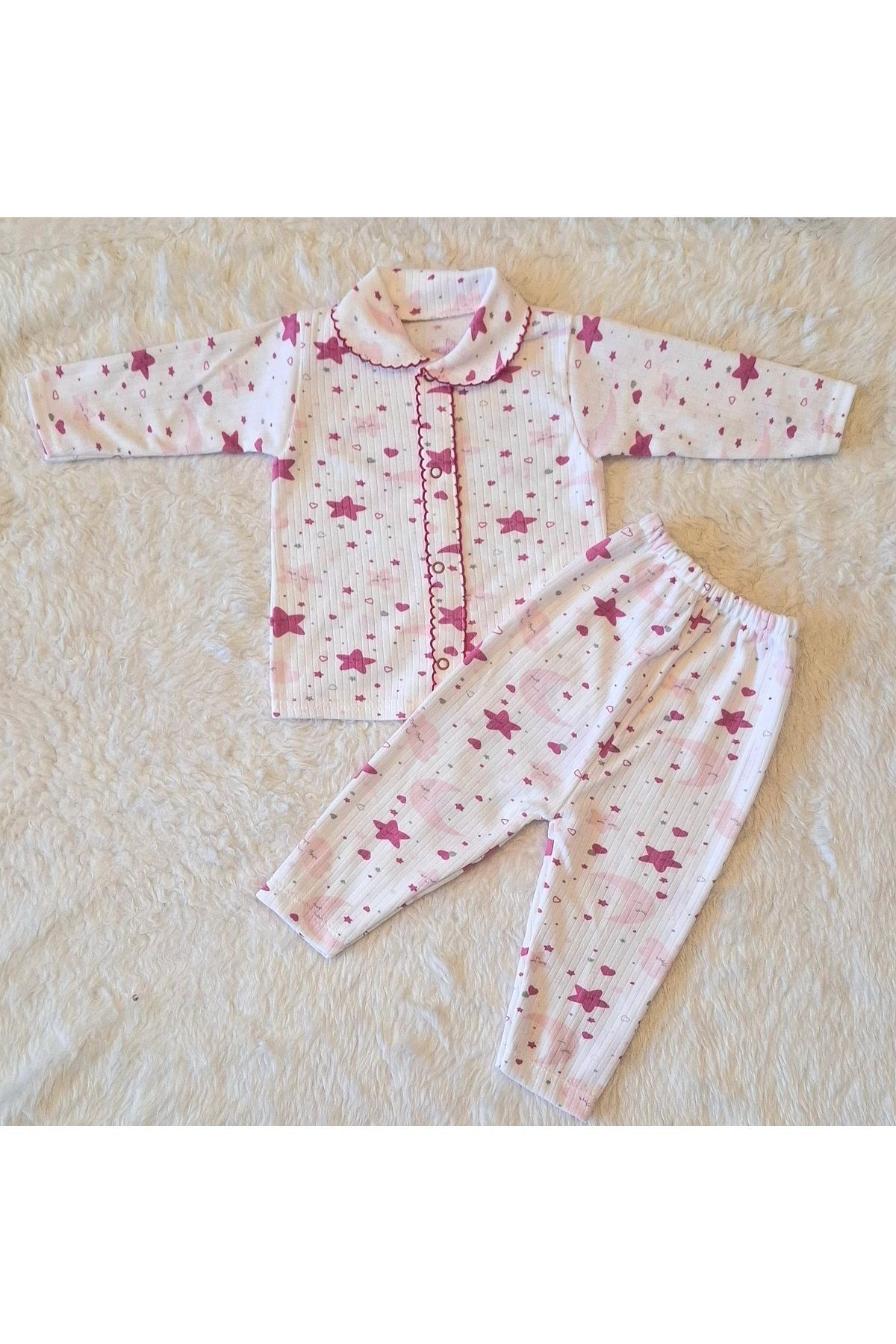 2’li Fitilli Kumaş Pudra Ayıcık Desenli Kız Bebek Çocuk Alt Üst Pijama Takımı