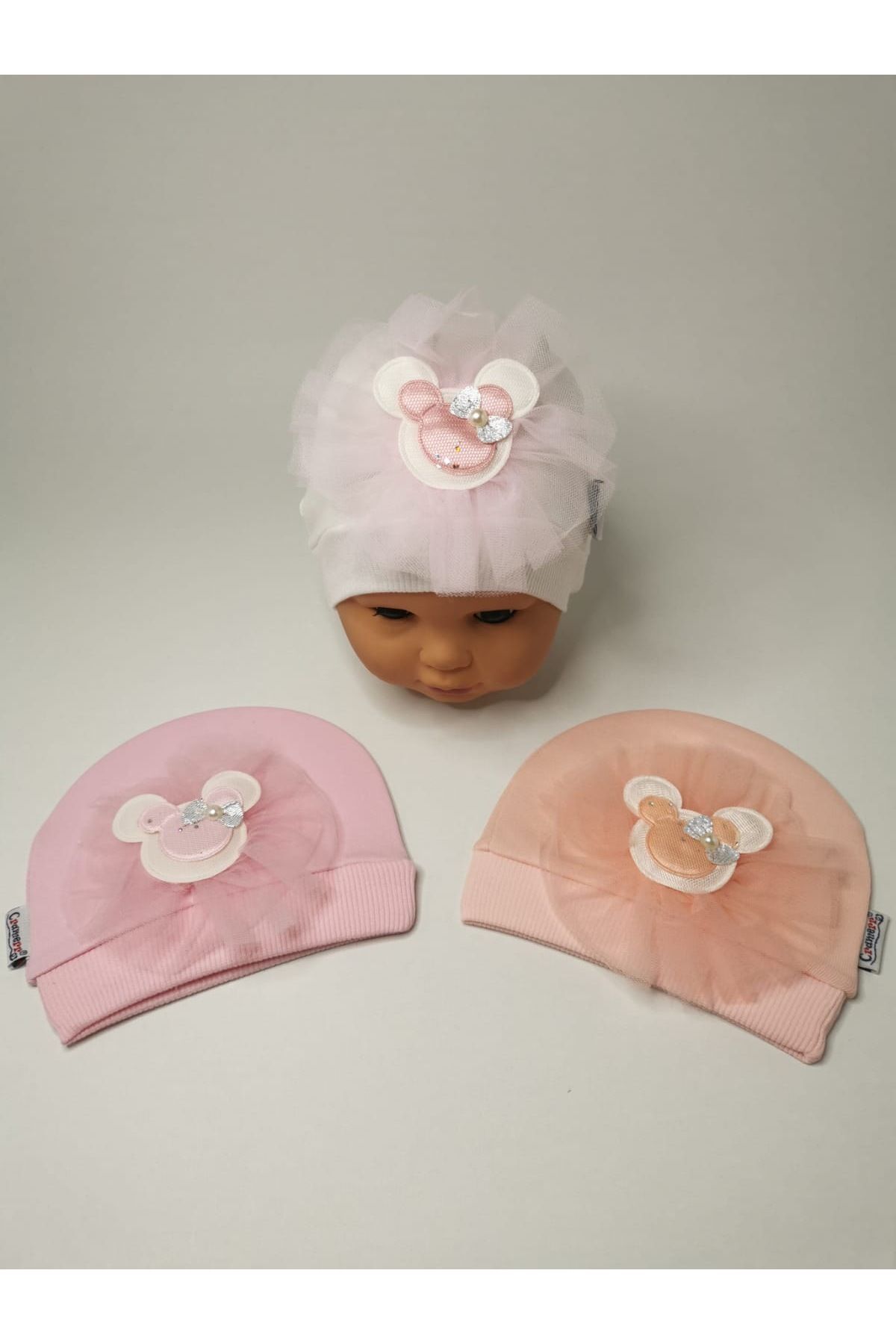 3’'lü Pembe Beyaz Somon Kız Bebek Çocuk Penye Şapka Bere