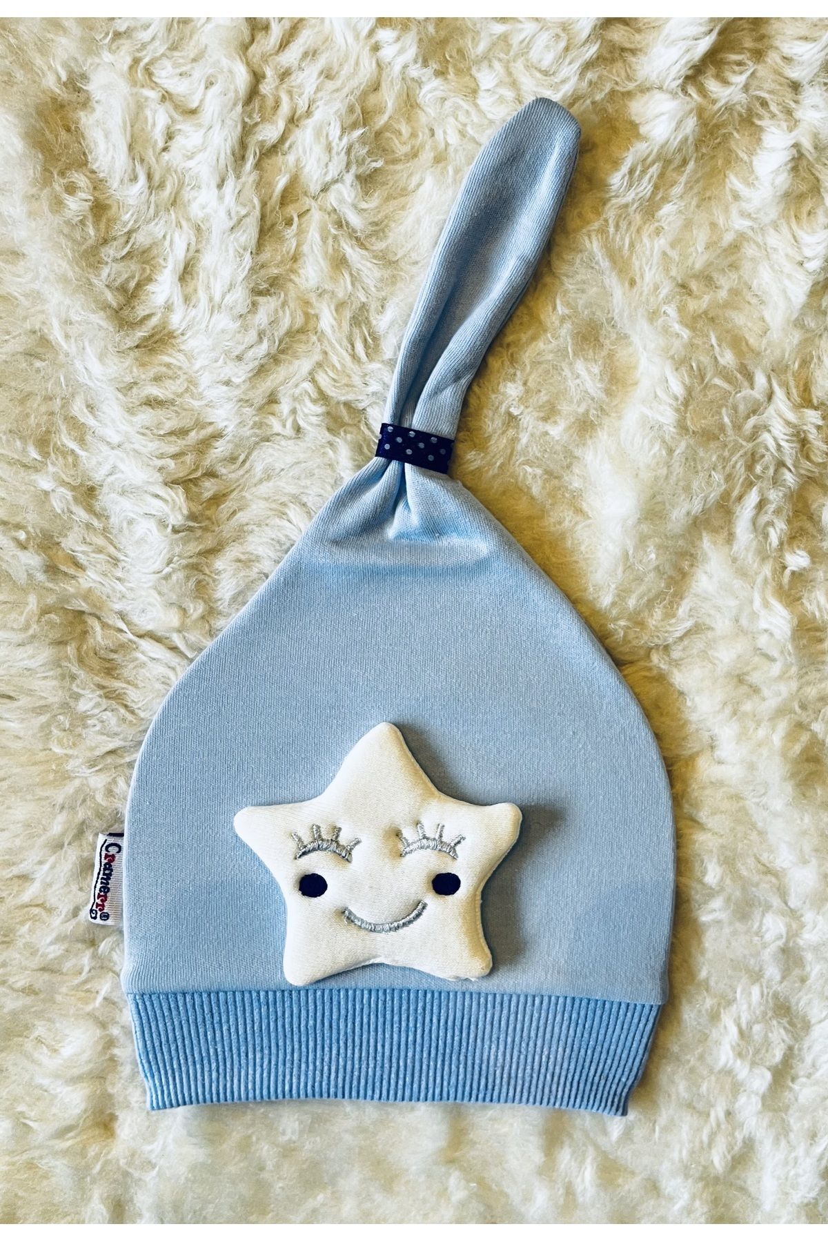 Mavi Yıldız Figürlü Kız Erkek Bebek Çocuk Penye Şapka Bere