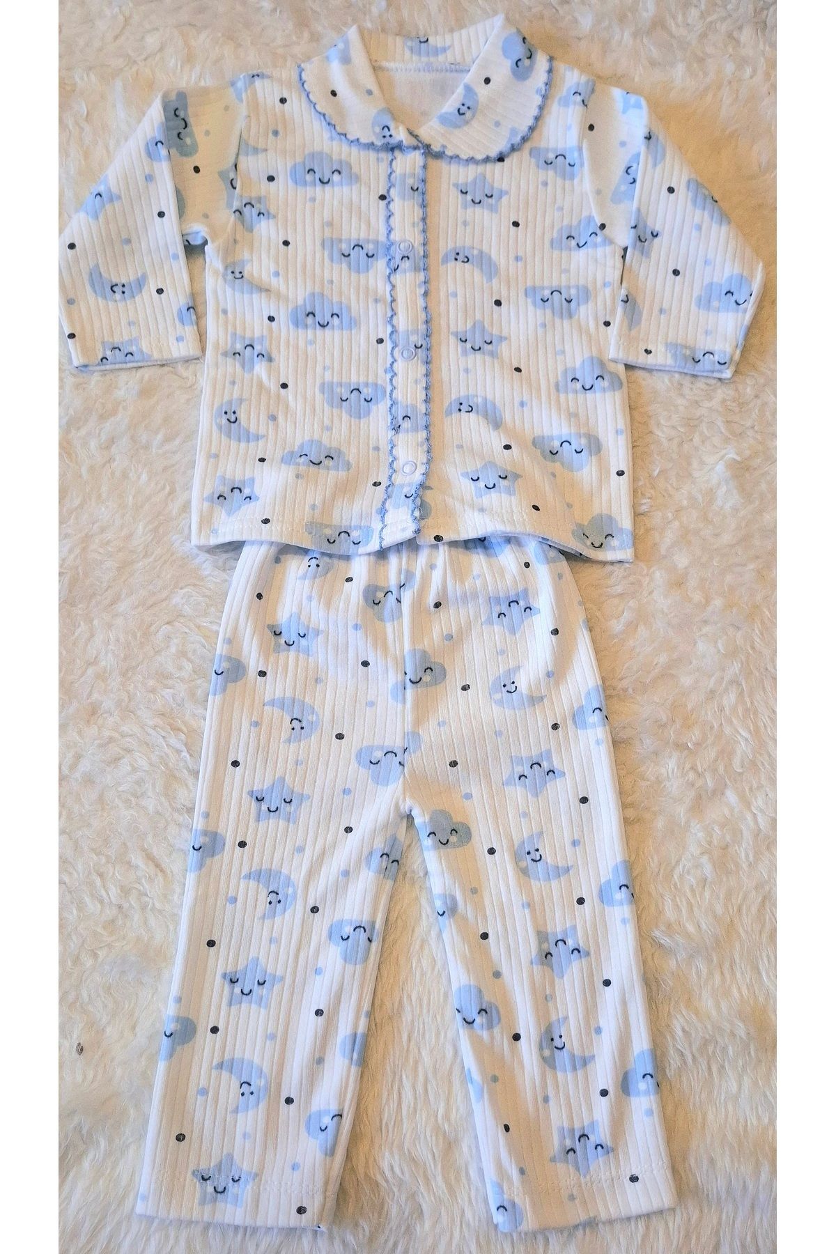Mavi Yıldız yakalı pamuk kumaş ikili bebek zıbın takım