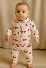 Kirazlı Bebe Yaka Fitilli Organik Pamuk Kumaş Takım