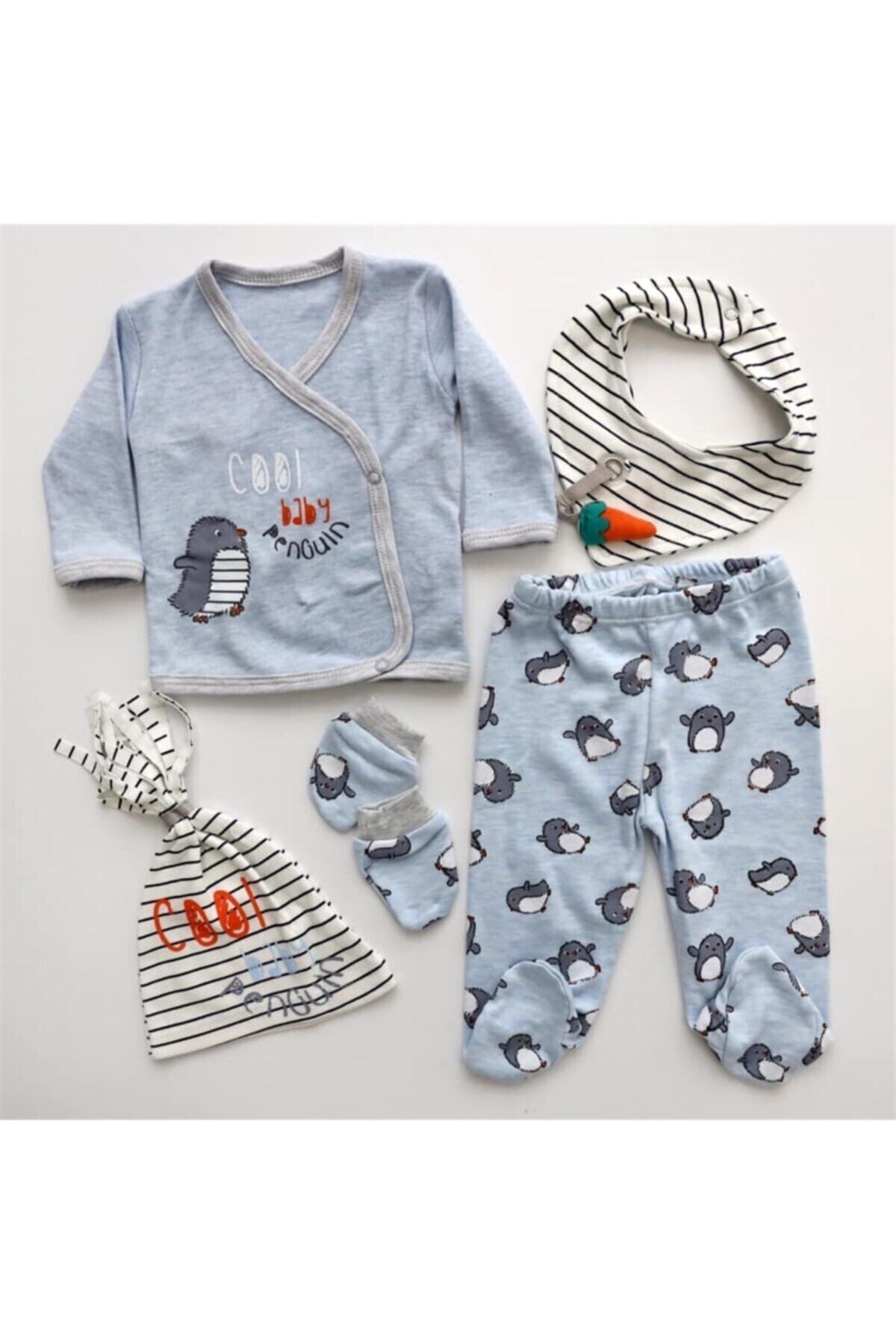 Unisex Bebek Mavi Necixs Baby Zıbın Takım Penguenli Takım 5542 Mavi - 0-3 Ay