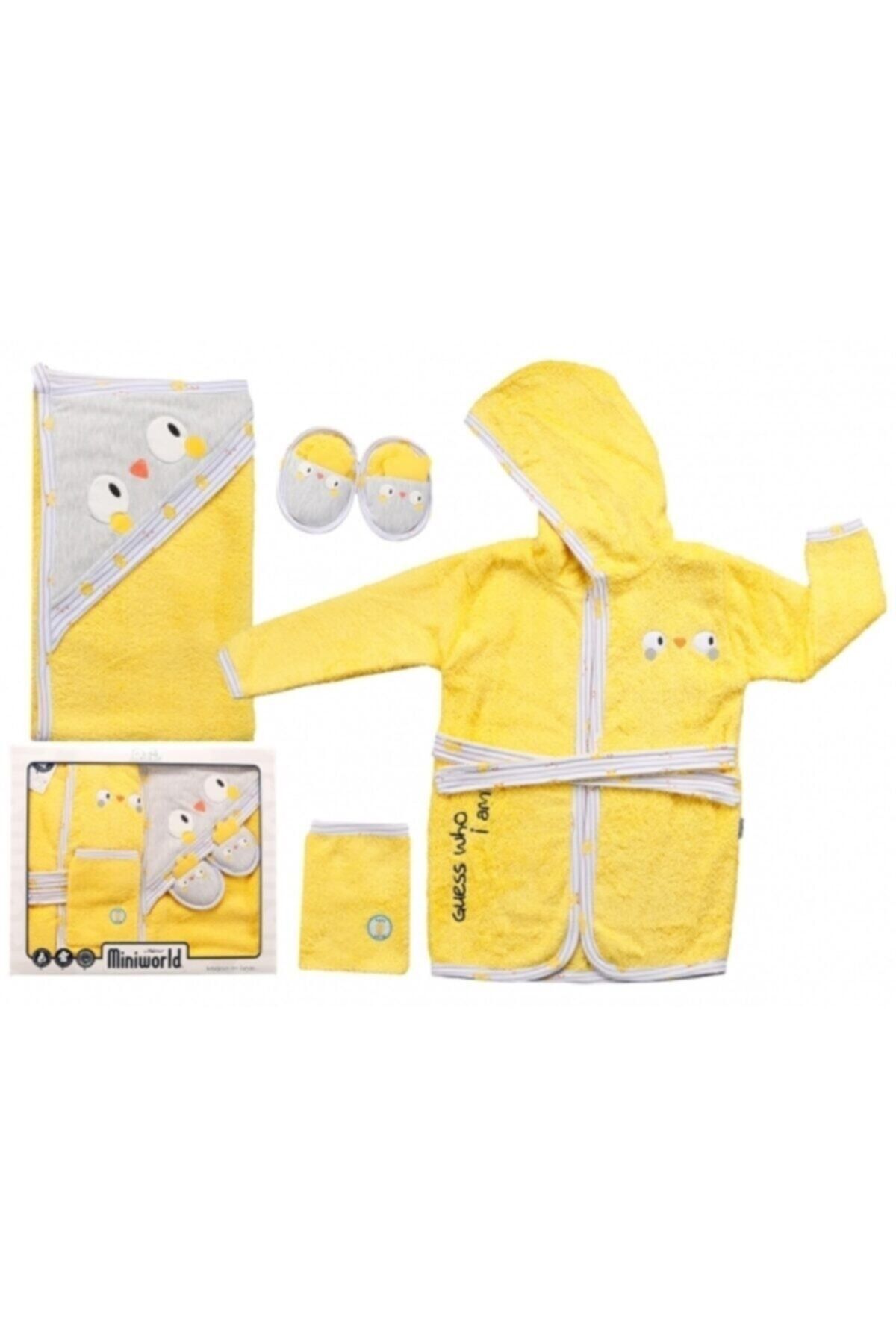 Unisex Bebek Sarı Civcivli  Bornoz Takımı 4 Parça