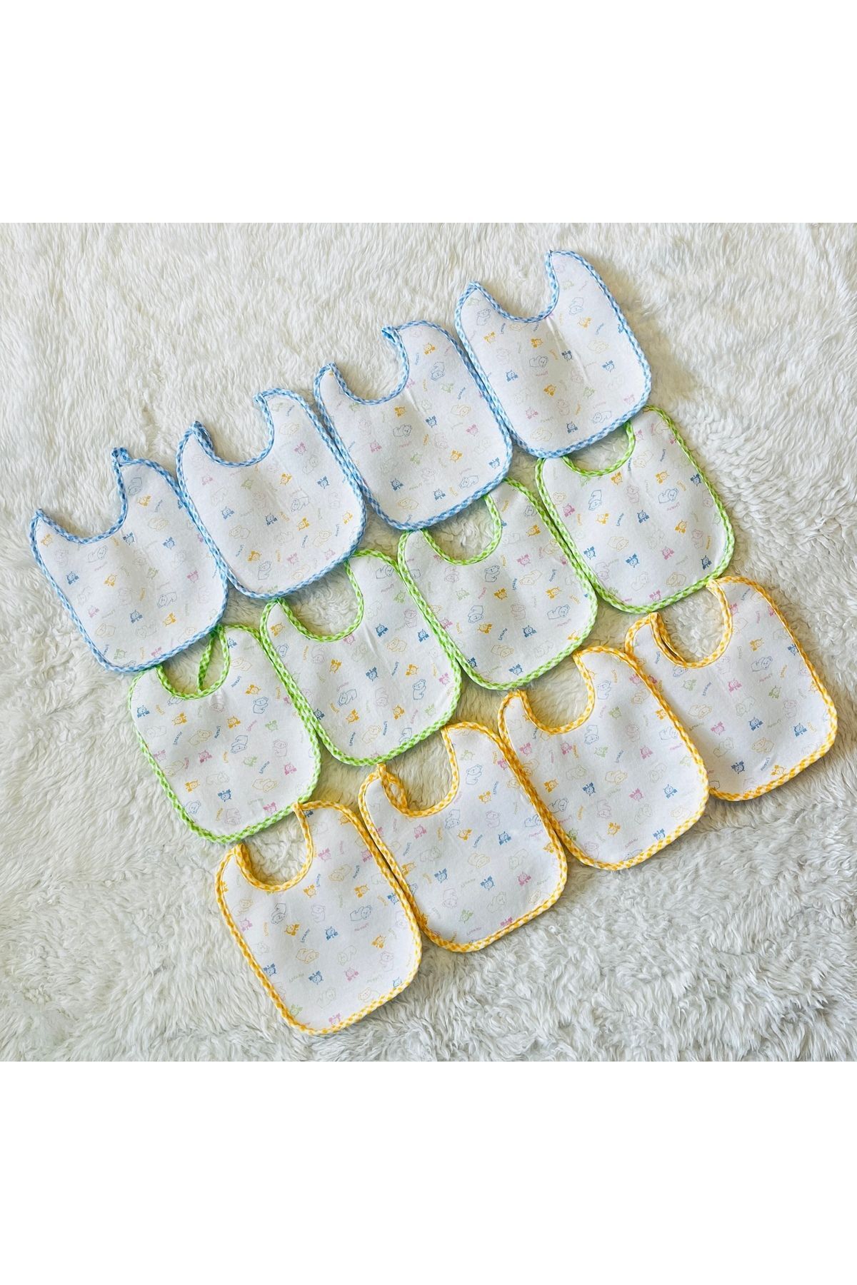 12 Li Mavi Yeşil Sarı Karışık Renk Sıvı Geçirmez Bağcıklı Bebek Mama Önlüğü