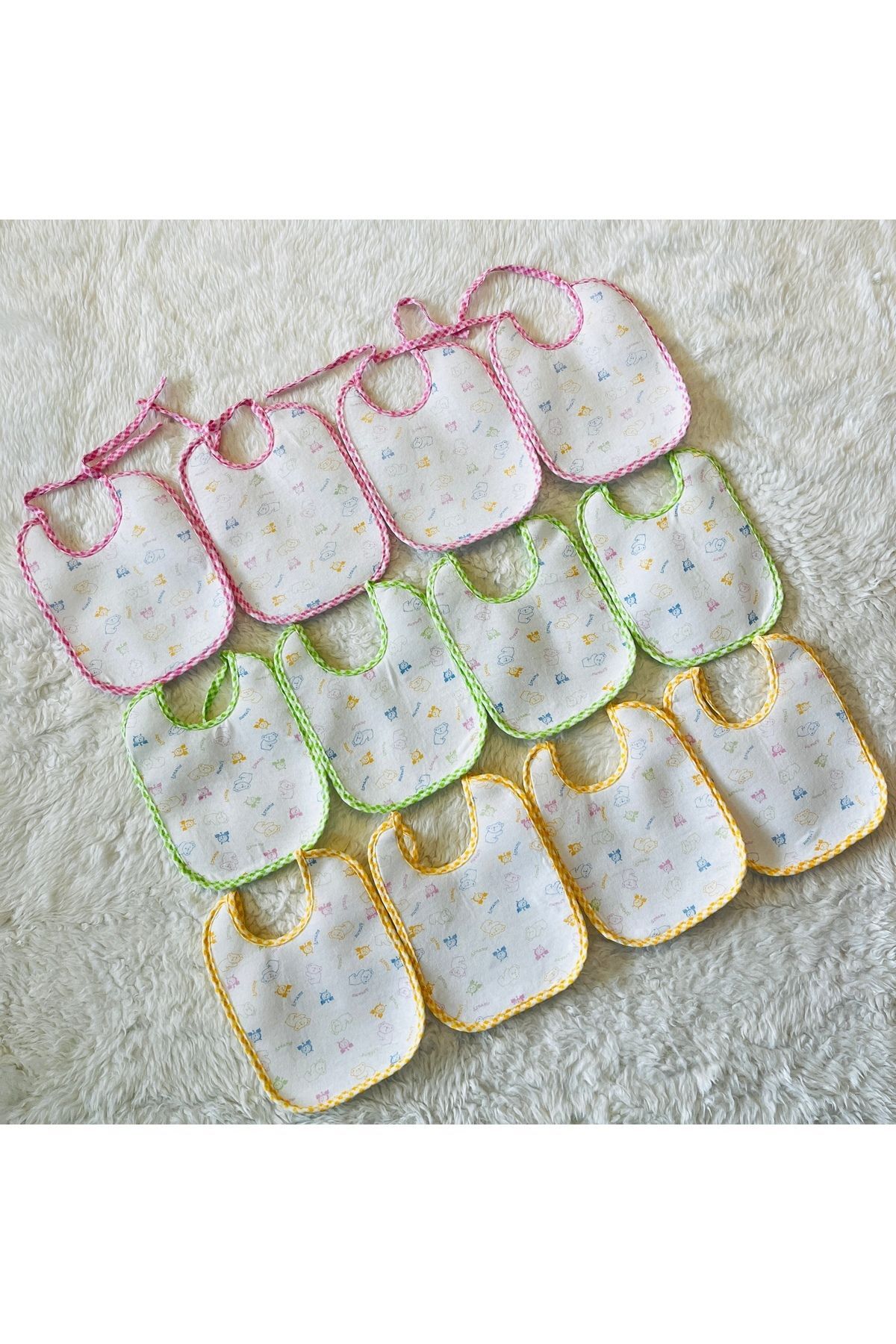 12 Li Pembe Yeşil Sarı Karışık Renk Sıvı Geçirmez Bağcıklı Bebek Mama Önlüğü