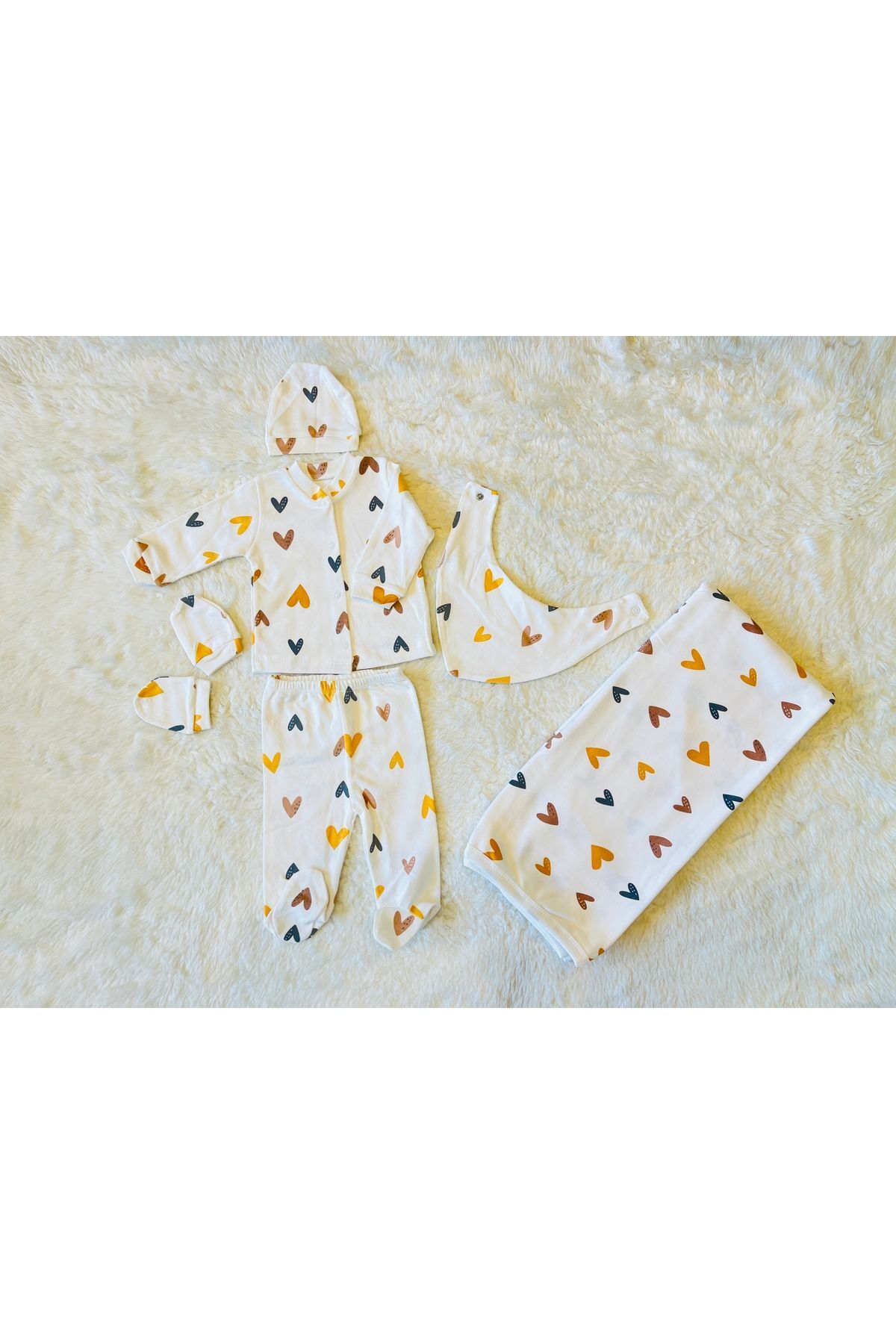 6’lı Kahve Kalpli Organik Pamuk Kız Erkek Bebek Kundak Battaniyeli Hastane Çıkışı