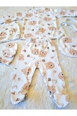 Kahve 5li Fitilli Pamuk Kumaş Erkek Kız Bebek Takım Hastane Çıkışı