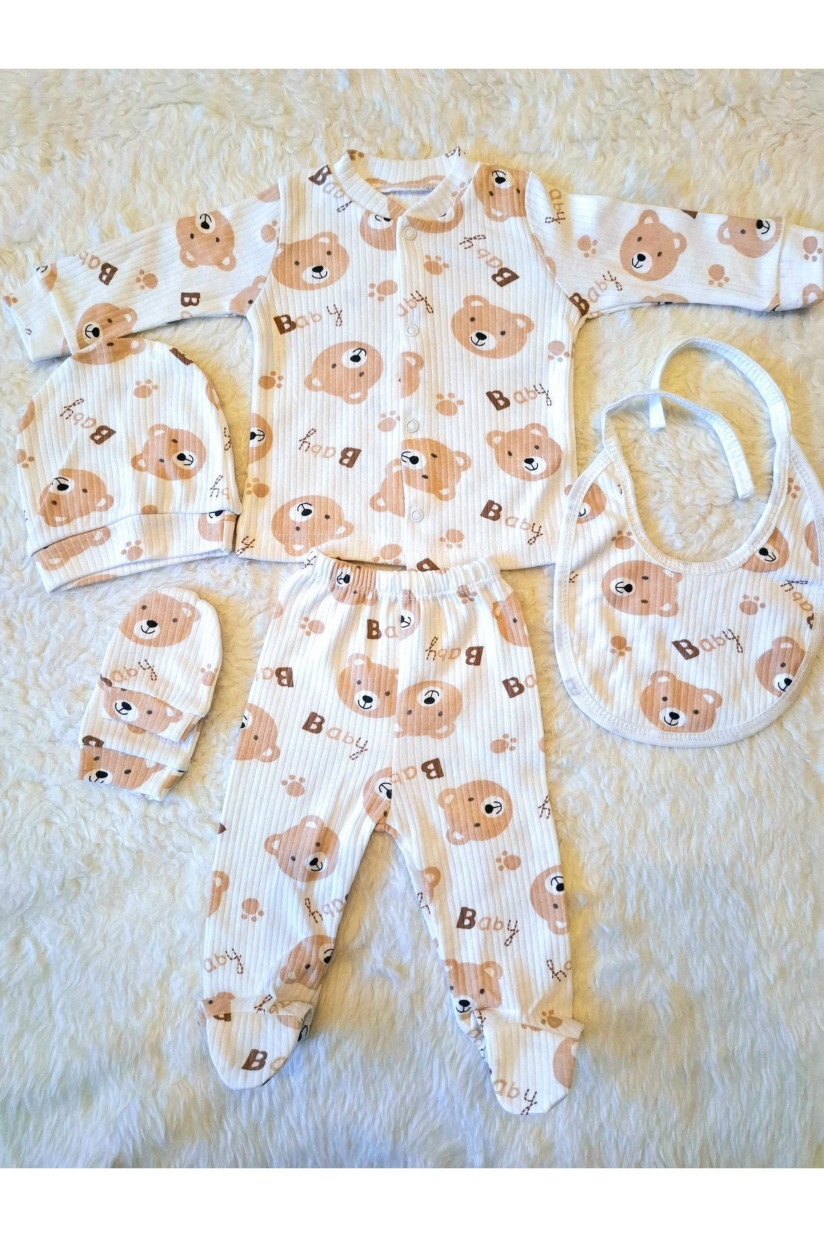 Kahve 5li Fitilli Pamuk Kumaş Erkek Kız Bebek Takım Hastane Çıkışı