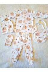 Kahve 5li Fitilli Pamuk Kumaş Erkek Kız Bebek Takım Hastane Çıkışı