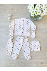 Fitilli 5 Parça Yenidoğan Hastane Çıkışı Kırmızı Kalpli Zıbın Set