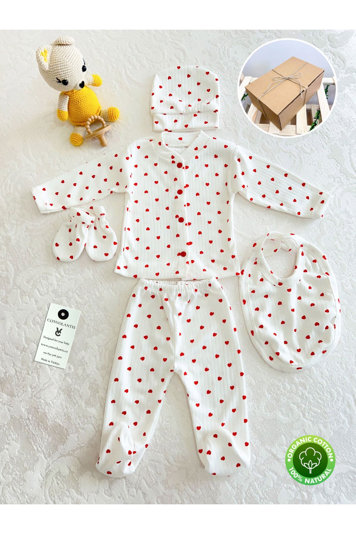 Fitilli 5 Parça Yenidoğan Hastane Çıkışı Kırmızı Kalpli Zıbın Set