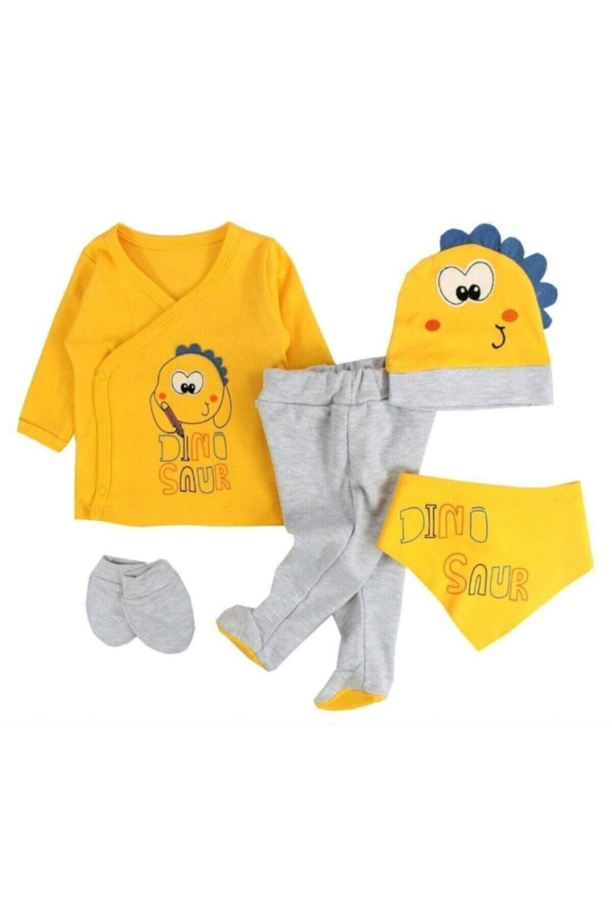 Unisex Yeşil Yenidoğan Dino Saur 5'li Hastane Çıkışı Zıbın Set Sarı - 0-3 Ay