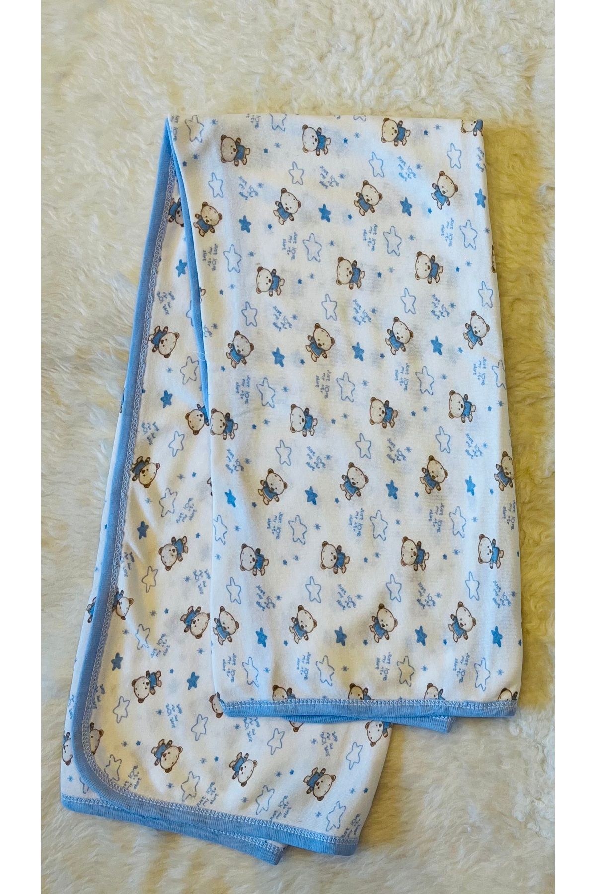 Mavi Tek Katlı Başlıklı Ayıcıklı Erkek Bebek Kundak Battaniye