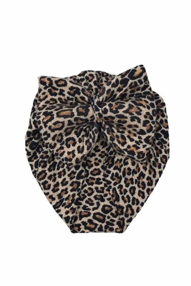Leopar Desenli Fiyonklu Kız Bebek Bonesi Sarı