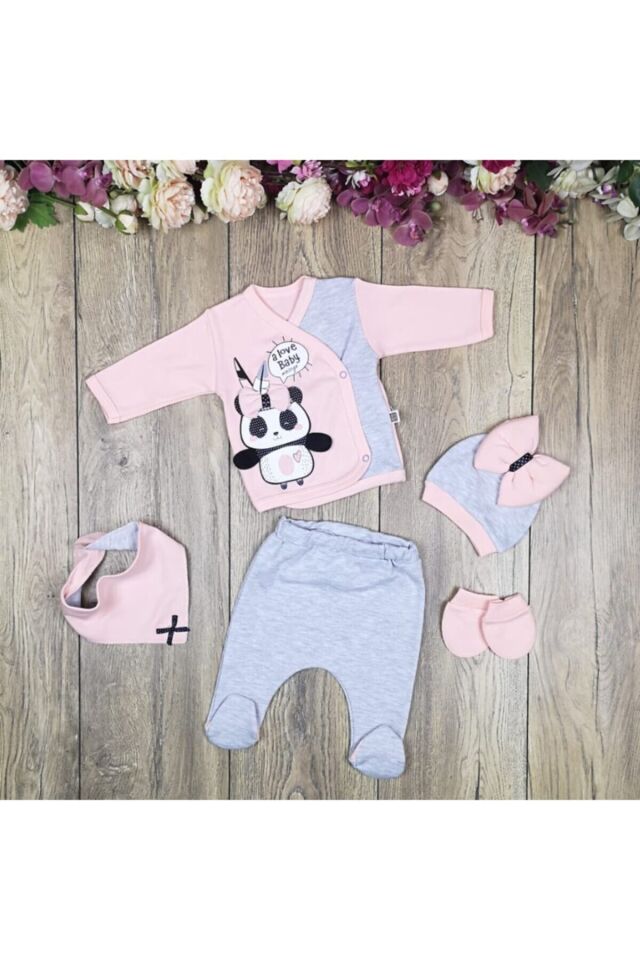 Minizeyn Panda Kız Bebek 5 Parça Zıbın Seti Hastane Çıkışı Somon Gri̇,Somon - 0-3 Ay