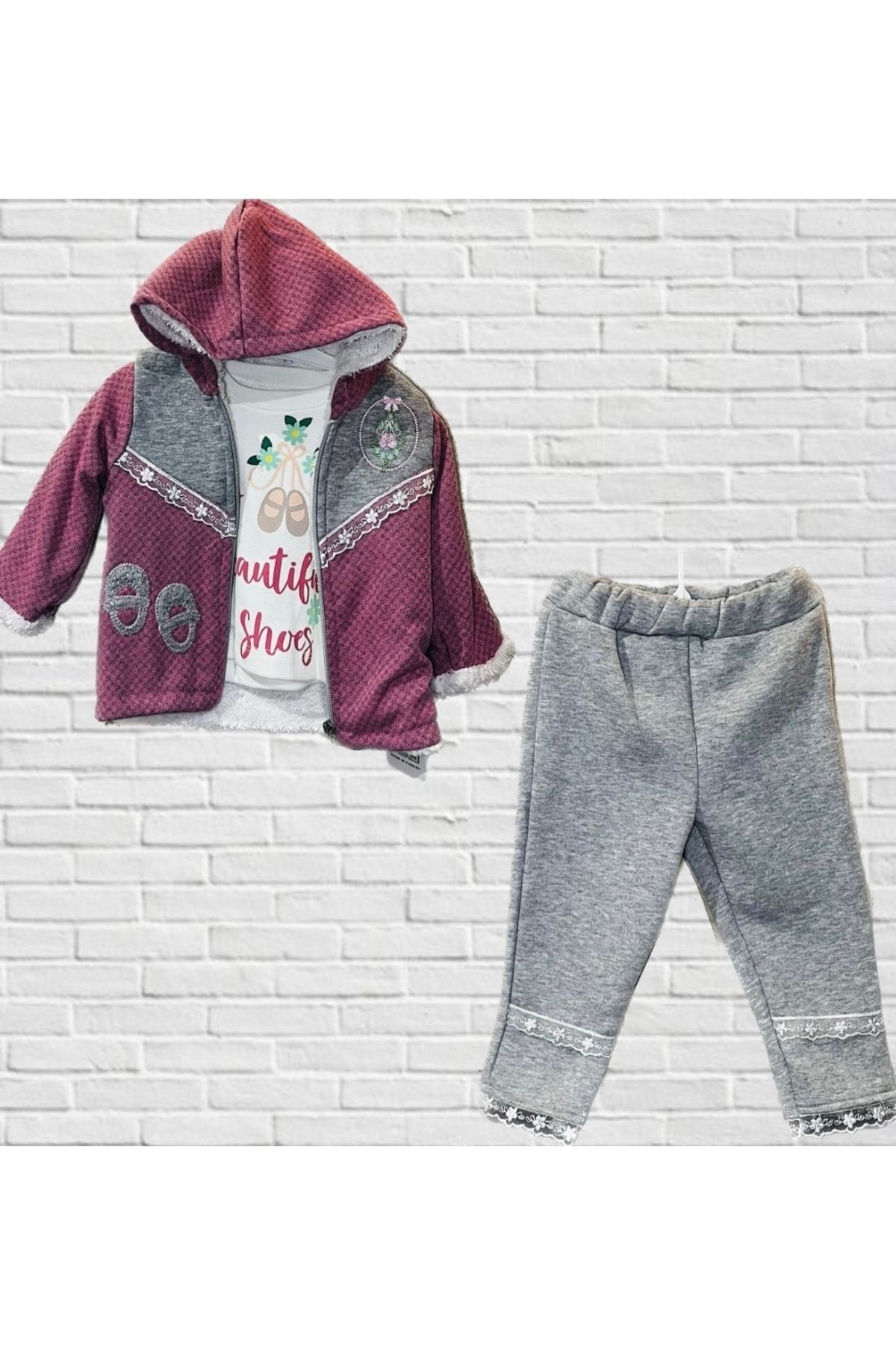 Kapşonlu Pembe Ceketli Uzun Badili 3’lü Kız Bebek Çocuk Takım