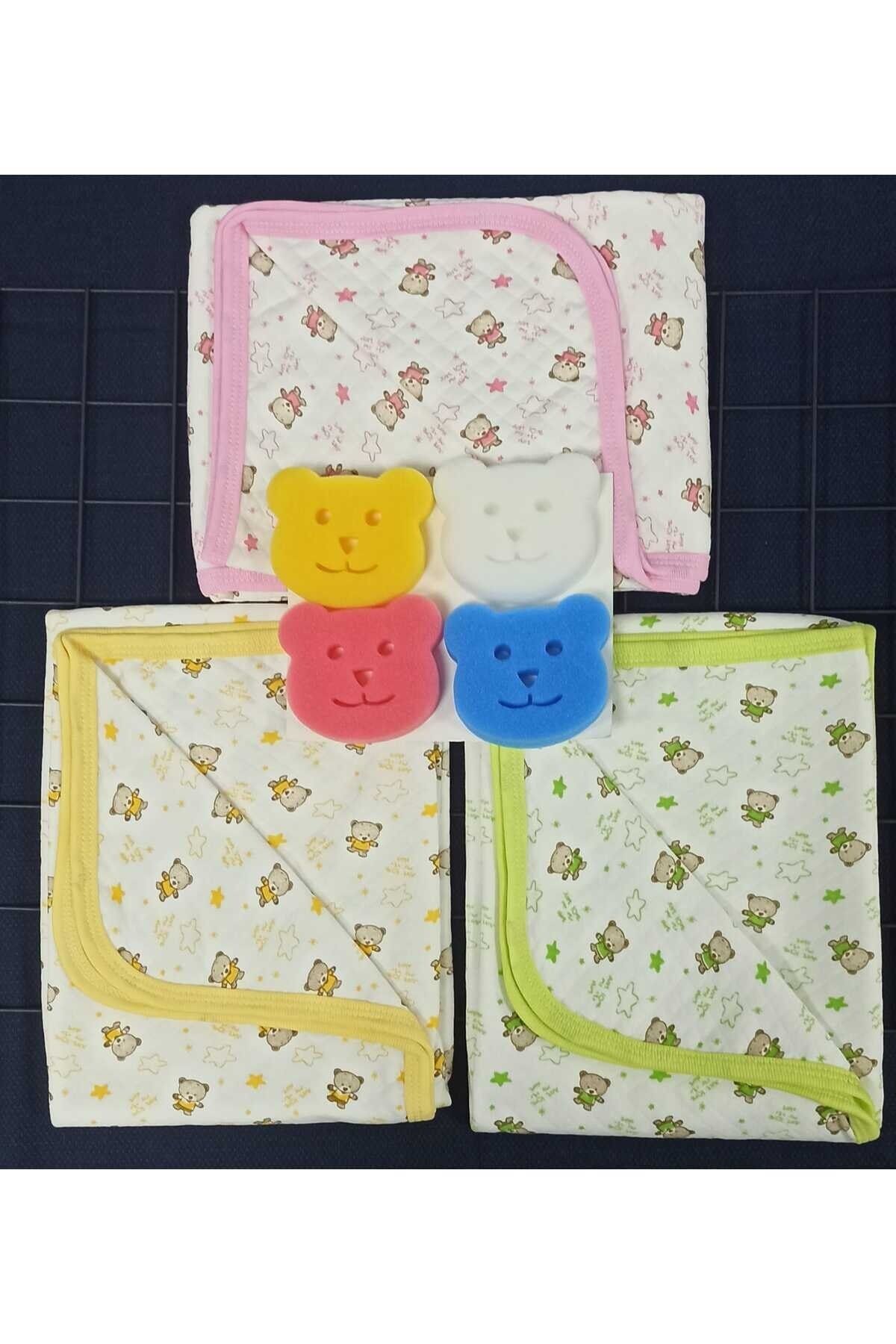 Bebek Tek Kat Kapitone 3 Lü Battaniye Kundak 80x90 Cm4 Lü Yıkama Süngeri Hediyeli