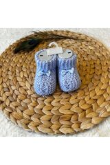 3’lü Kurdeleli Mavi Gri Vizon Kız Erkek Bebek Triko Patik