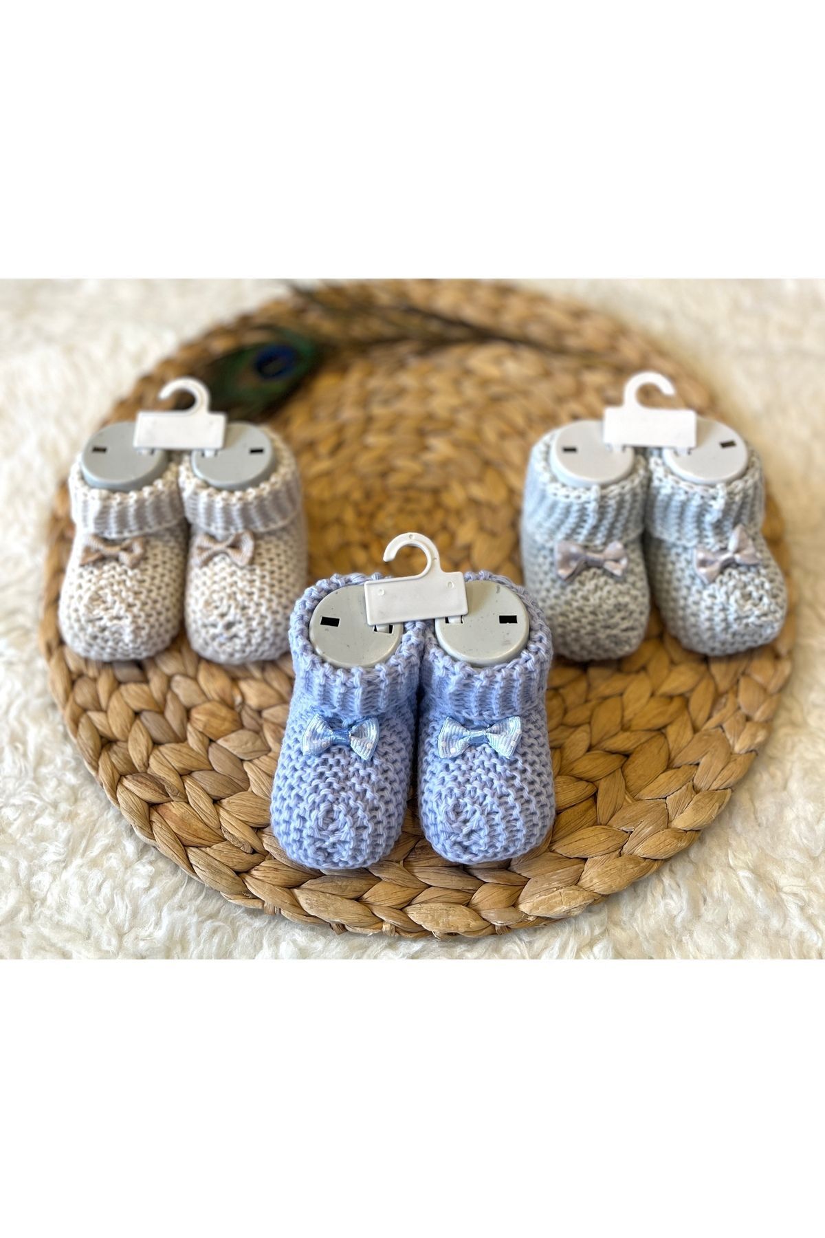 3’lü Kurdeleli Mavi Gri Vizon Kız Erkek Bebek Triko Patik