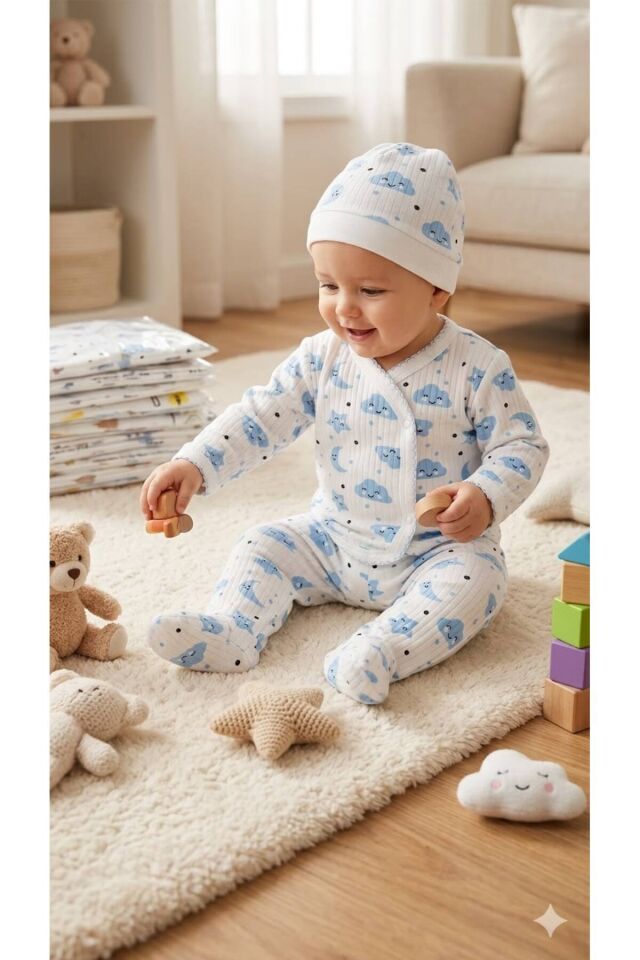 0-3 Ay Bebek Takımları, Bebek Zıbın, Patikli Pantolon, Şapka 3'lü Set, Kız Bebek Takımları Mavi - 0-3 Ay