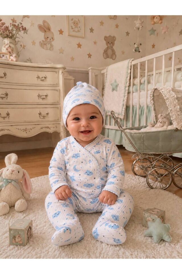 0-3 Ay Bebek Takımları, Bebek Zıbın, Patikli Pantolon, Şapka 3'lü Set, Kız Bebek Takımları Mavi - 0-3 Ay