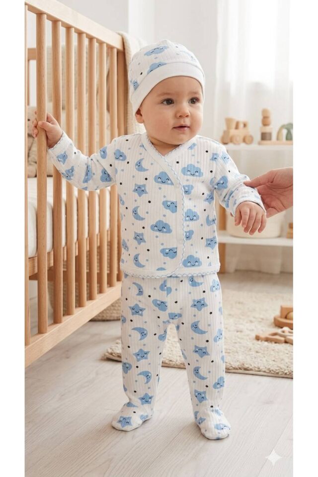 0-3 Ay Bebek Takımları, Bebek Zıbın, Patikli Pantolon, Şapka 3'lü Set, Kız Bebek Takımları Mavi - 0-3 Ay