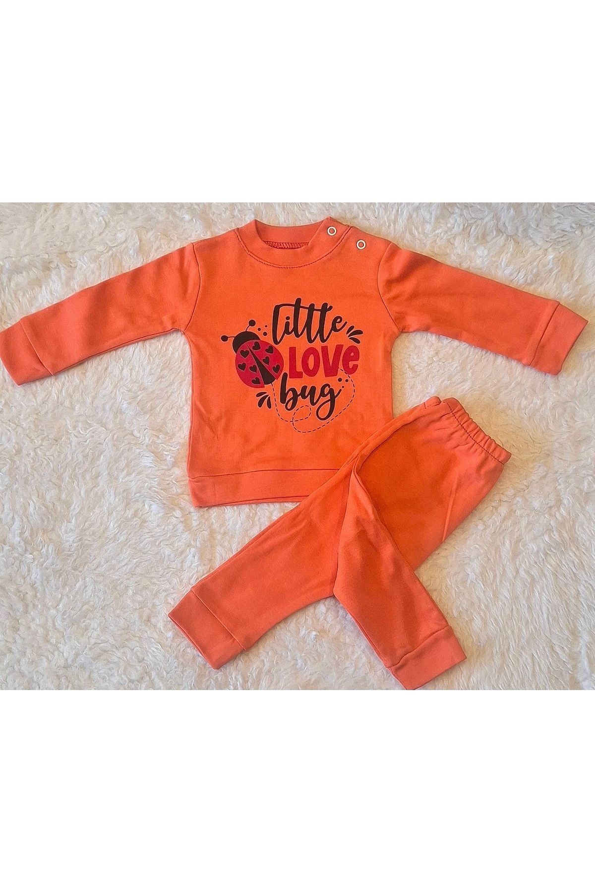 2’li Fitilli Kumaş Somon Ayıcık Desenli Kız Bebek Çocuk Alt Üst Pijama Takımı