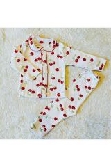 Kirazlı Organik Omuzdan 2’li Fitilli Kumaş Kız Bebek Çocuk Alt Üst Pijama Takımı