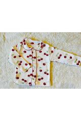 Kirazlı Organik Omuzdan 2’li Fitilli Kumaş Kız Bebek Çocuk Alt Üst Pijama Takımı