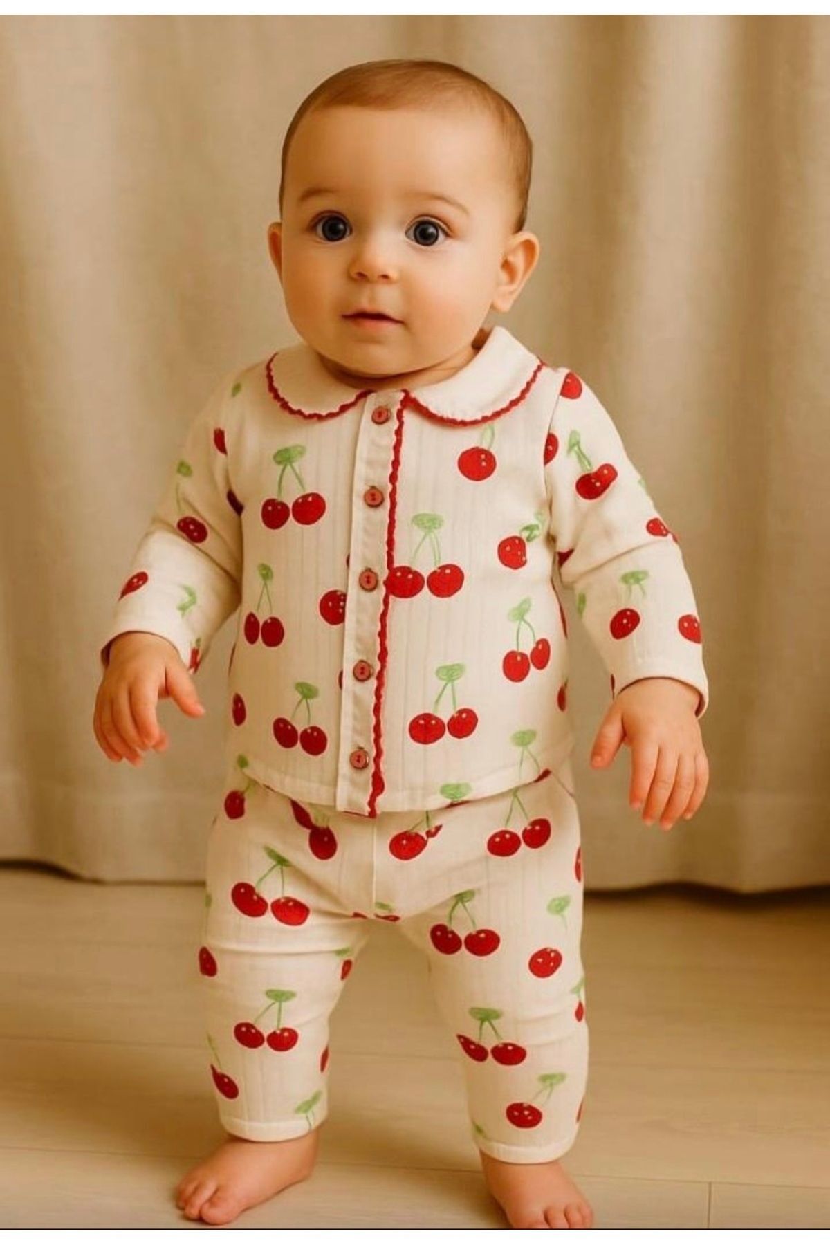 Kirazlı Organik Omuzdan 2’li Fitilli Kumaş Kız Bebek Çocuk Alt Üst Pijama Takımı