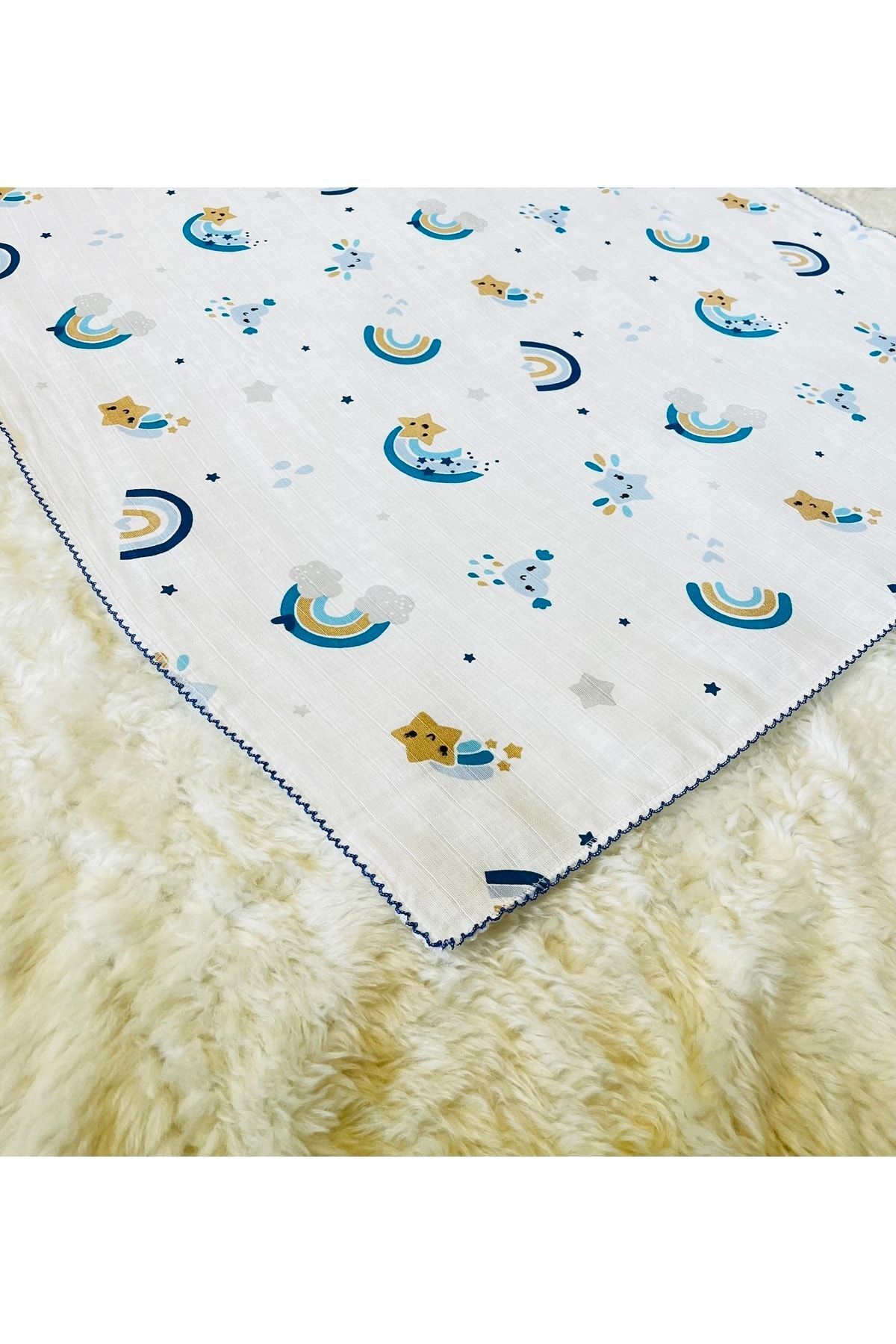 Mavi Gökkuşağı Müslin Kundak Battaniye