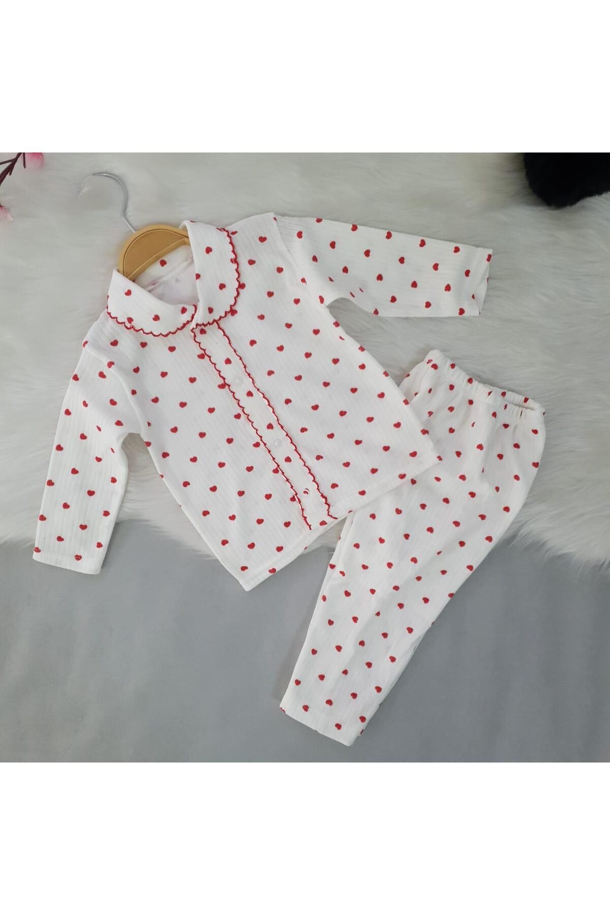 Düğmeli ikili Bebek Pijama Takımı Kırmızı - Yeni Doğan