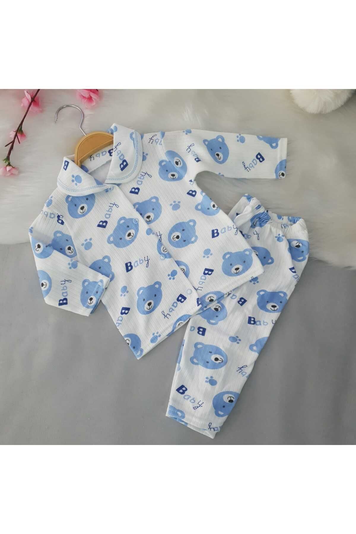 Düğmeli ikili Bebek Pijama Takımı Mavi - Yeni Doğan