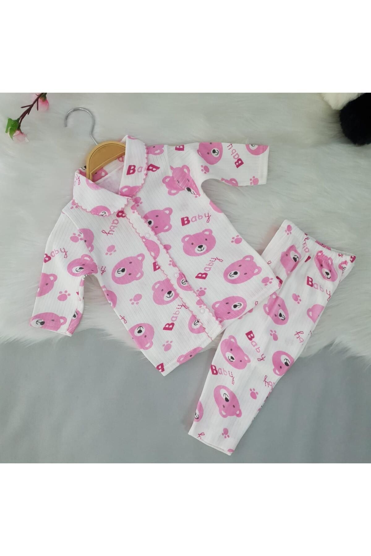 Düğmeli ikili Bebek Pijama Takımı Pembe - Yeni Doğan