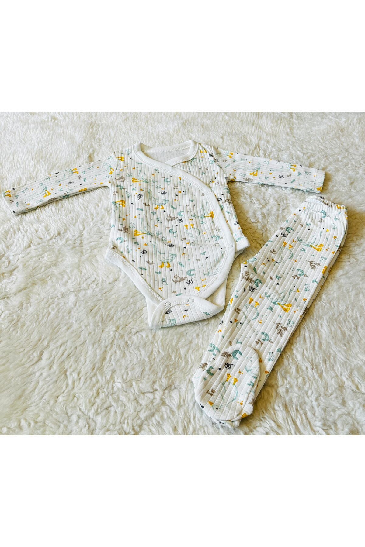 Yeşil Ördek Desenli Kruvaze Badili 2li Organik Bebek Zıbın Takım Hastane Çıkışı