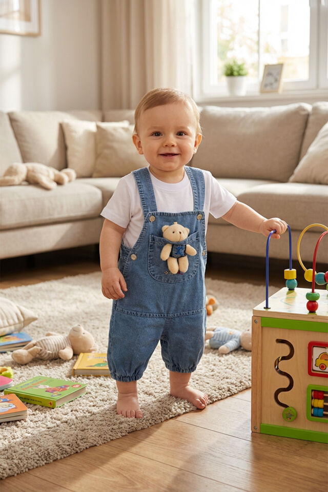 Denim Salopet Beyaz Tişört Ikili Takım Denim - 0-3 Ay