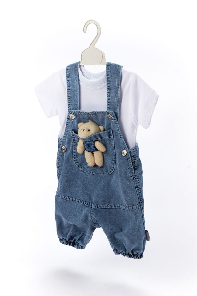 Denim Salopet Beyaz Tişört Ikili Takım Denim - 9 - 12 Ay