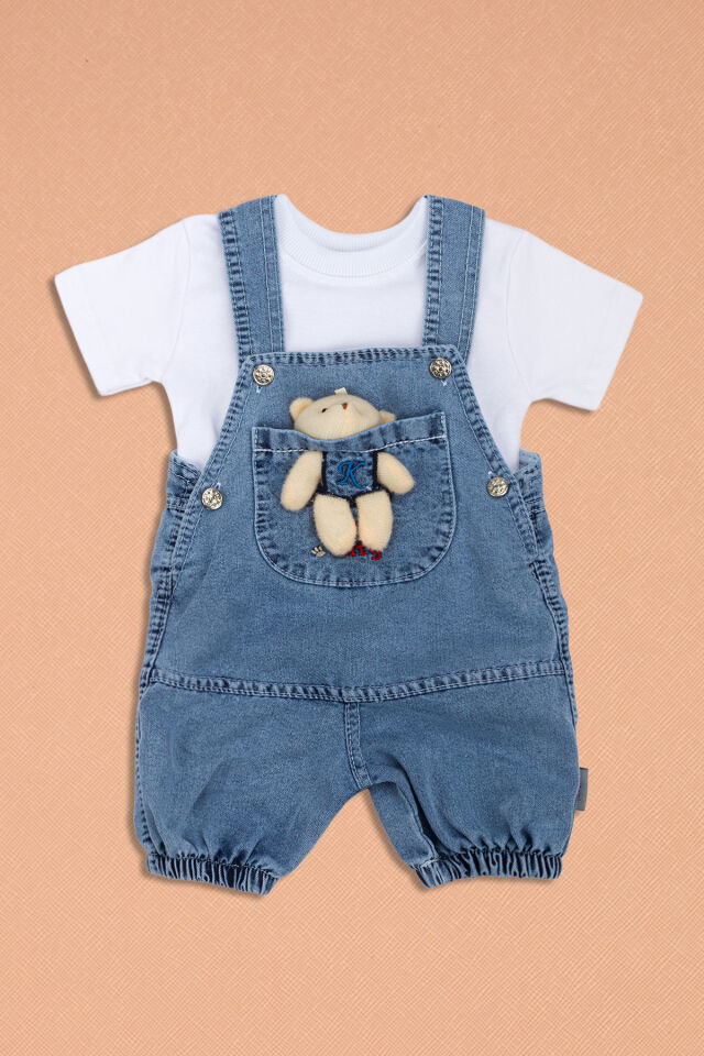 Denim Salopet Beyaz Tişört Ikili Takım Denim - 9 - 12 Ay