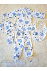Mavi Baby Ayıcık Desenli 6 Parça Battaniyeli Yenidoğan Pamuk Takım Hastane Çıkışı