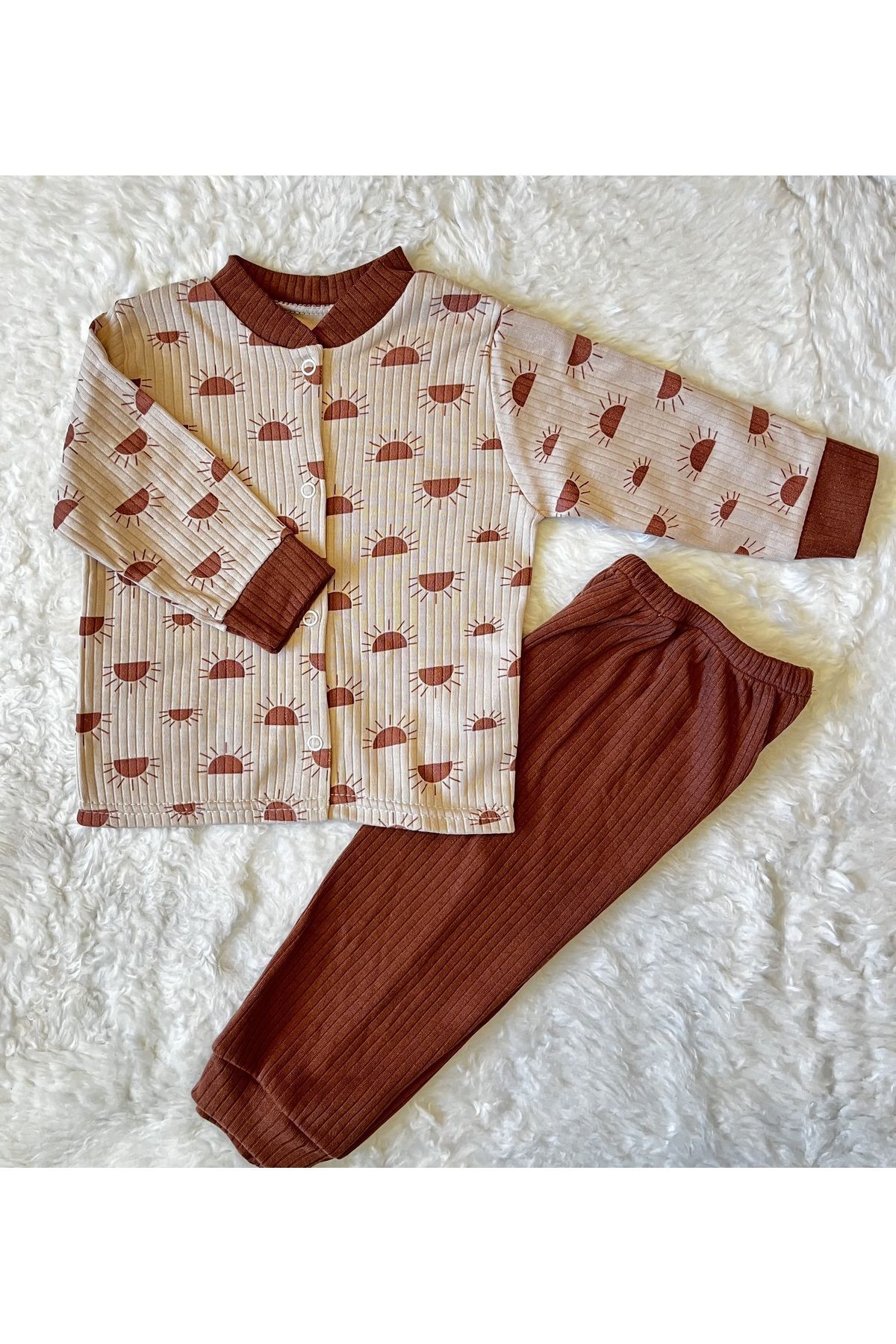 Kahverengi Organik Yenidoğan Fitilli Kumaş Kız Erkek Bebek 2’li Hastane Çıkışı Pamuk Takım