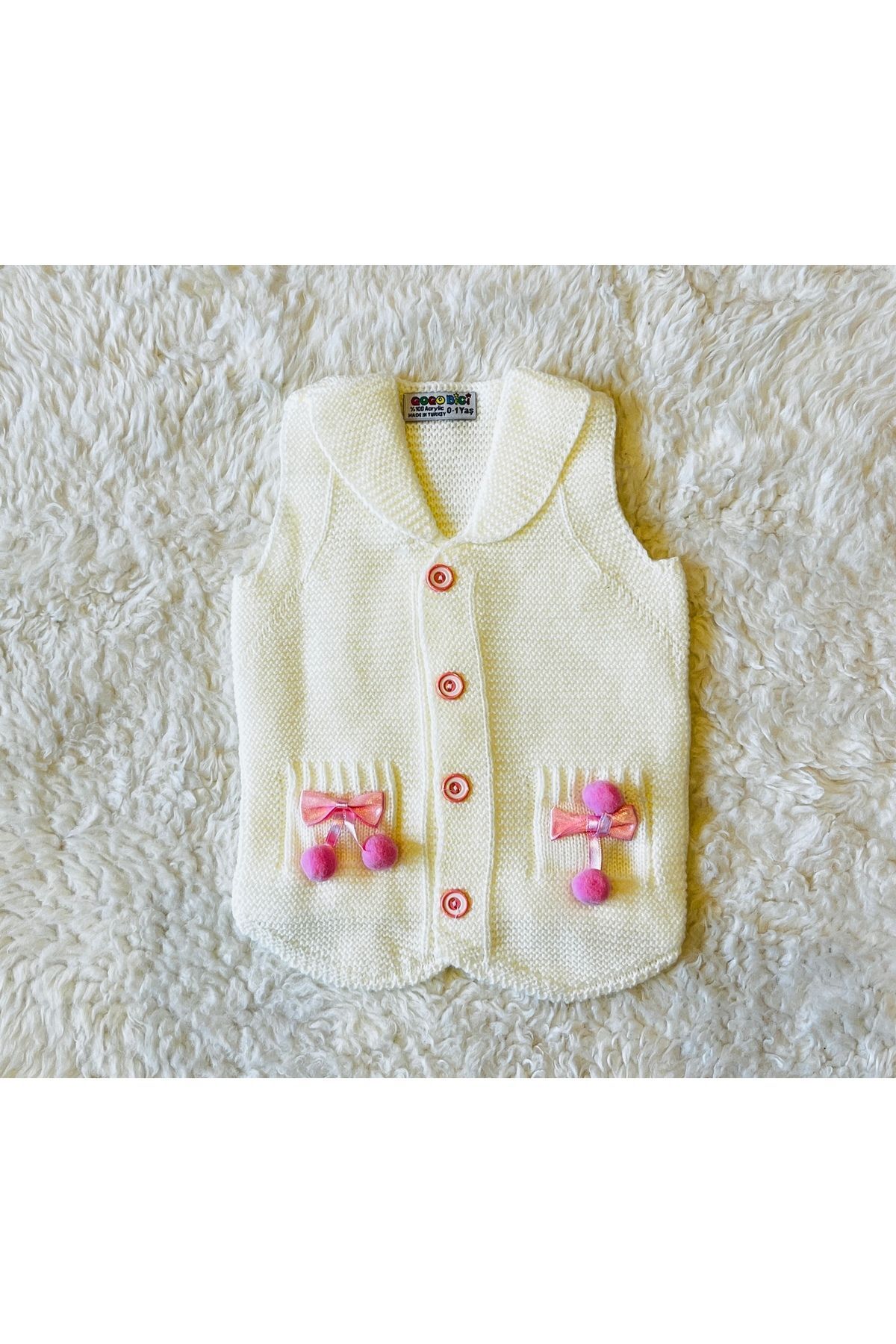 Ekru Ponponlu Kurdeleli Kız Bebek Çocuk Triko Yelek