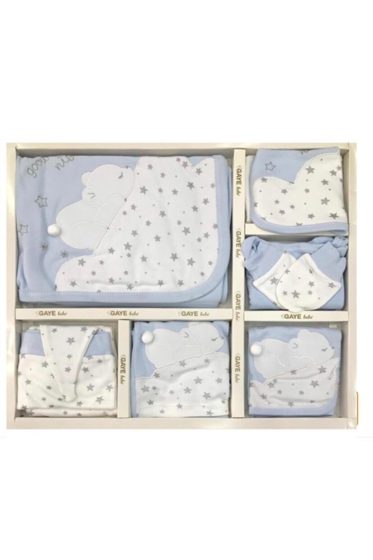 Erkek Bebek Mavi Yıldızlı Good Night Nakışlı 10'lu Hastane Çıkış Set