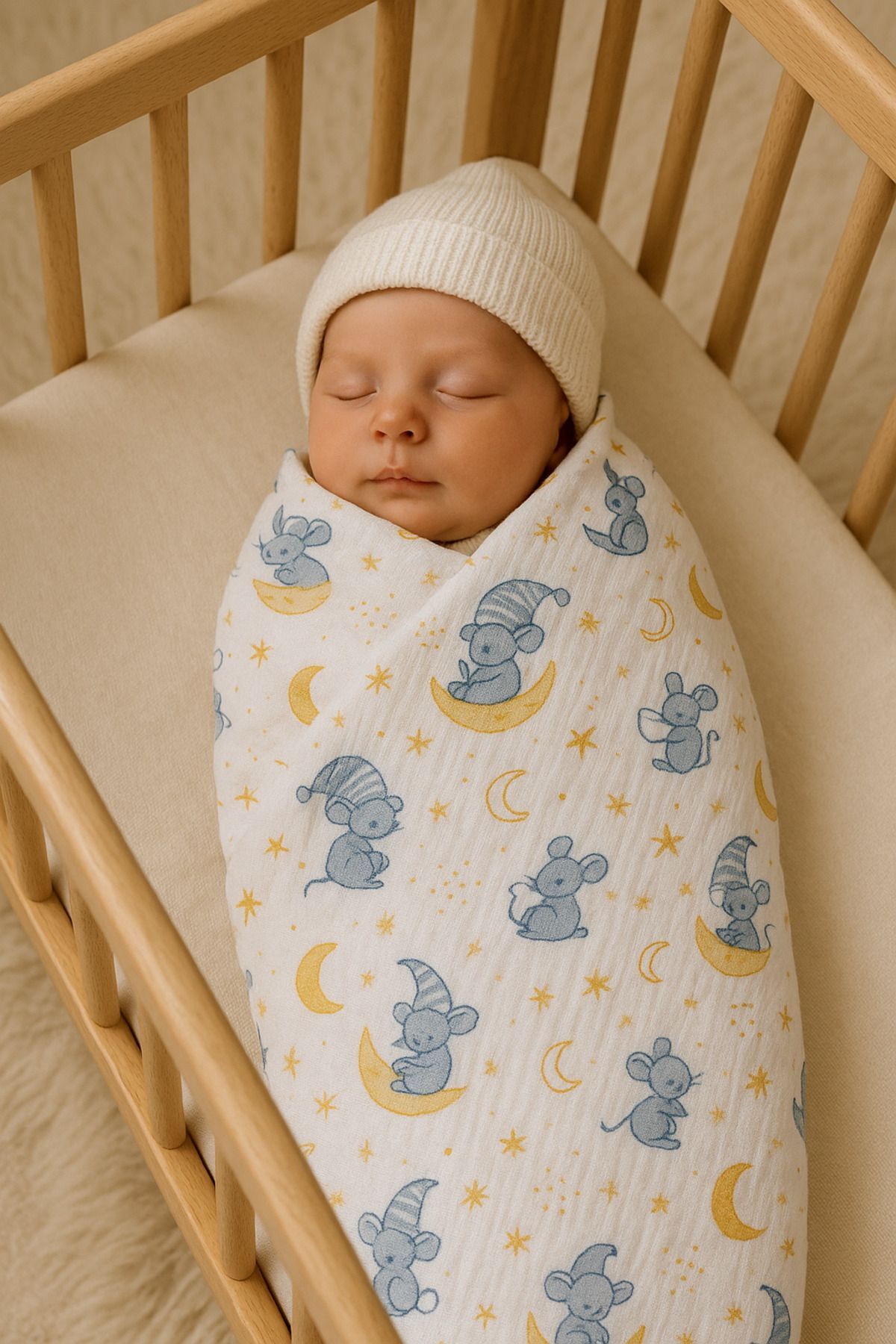 Mavi Yıldız Ay figürlü müslin bebek kundak battaniye