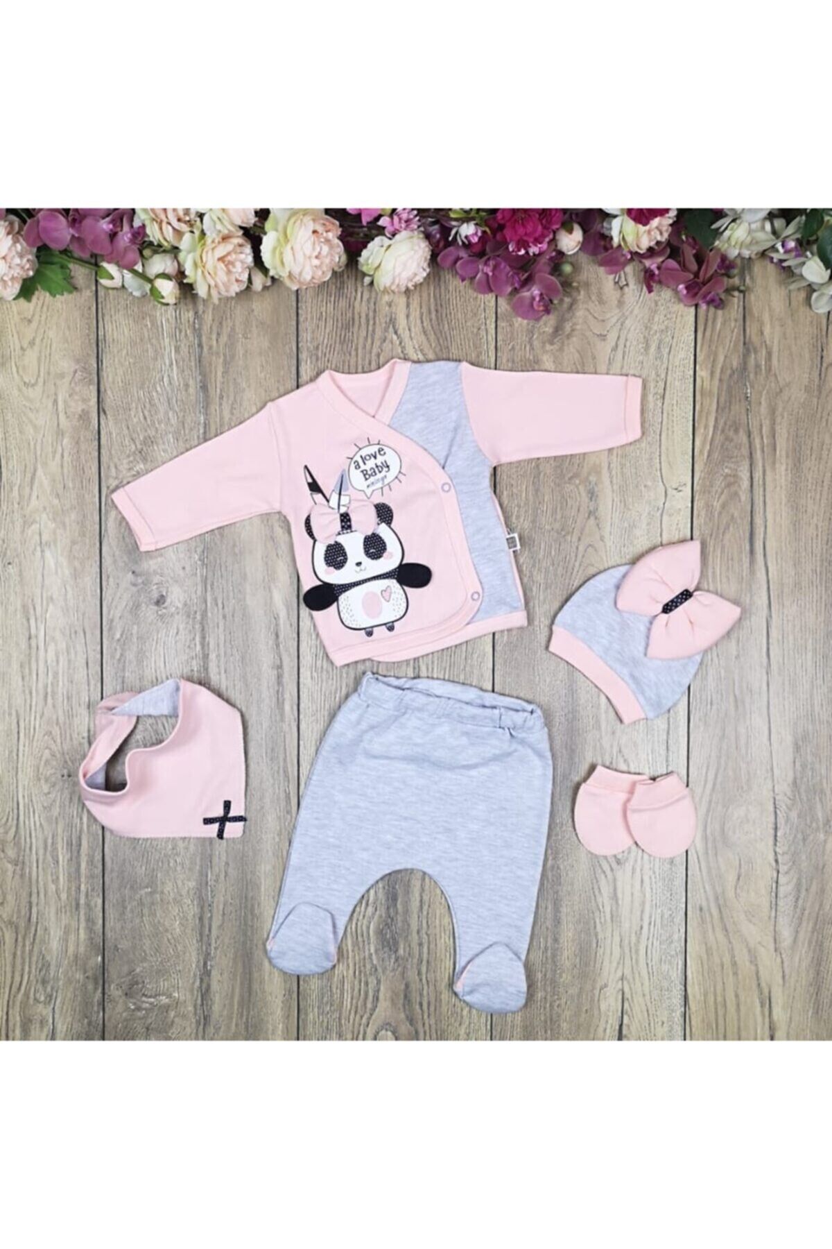 Minizeyn Panda Kız Bebek 5 Parça Zıbın Seti Hastane Çıkışı Somon