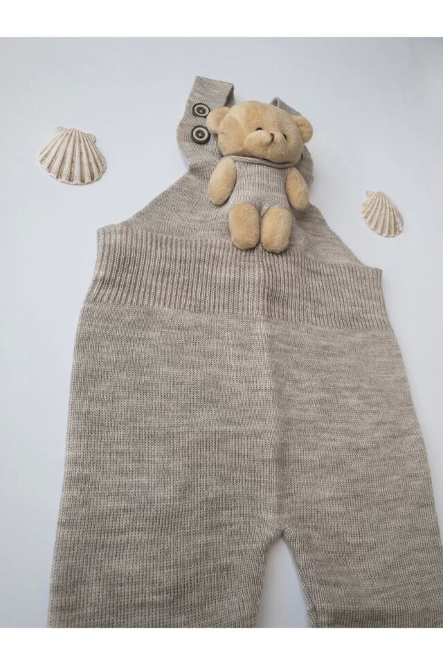 Ayıcıklı Düğmeli Bebek Çocuk Triko Salopet lila Taş Rengi - 1-2 Yaş