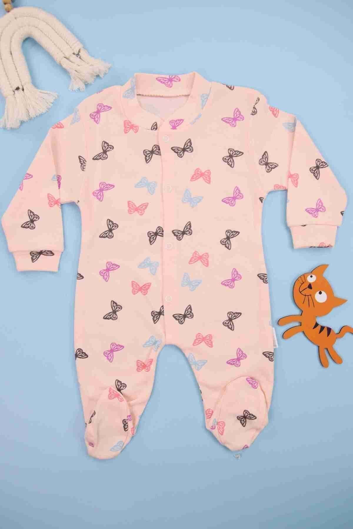 Kelebek Desenli Pembe Kız Bebek Tulum Pempe - 6-9 Ay